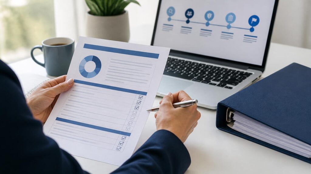 HR and OHS audit report and compliance roadmap on a desk